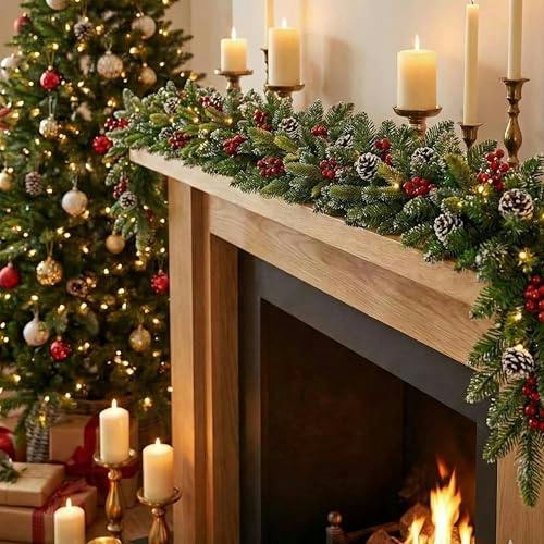 2m Green Pre-Lit Christmas Garland with Warm White LEDs, Berries, Pine Cones and Frosted Tips image 8
