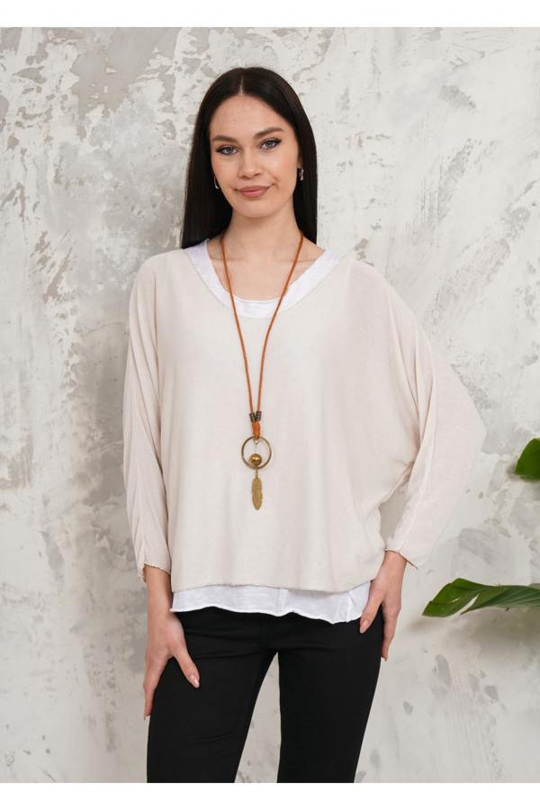 Hoxton Gal Oversized Long Sleeves Double Layered Top in Beige