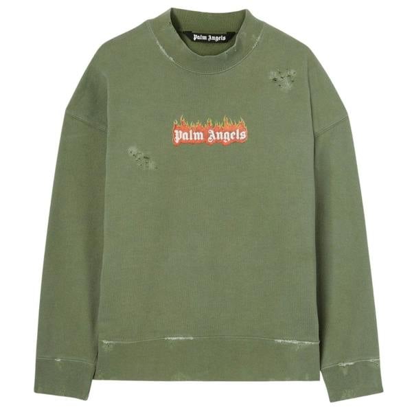 Palm Angels Burning Logo Crewneck Military - Nova Clothing