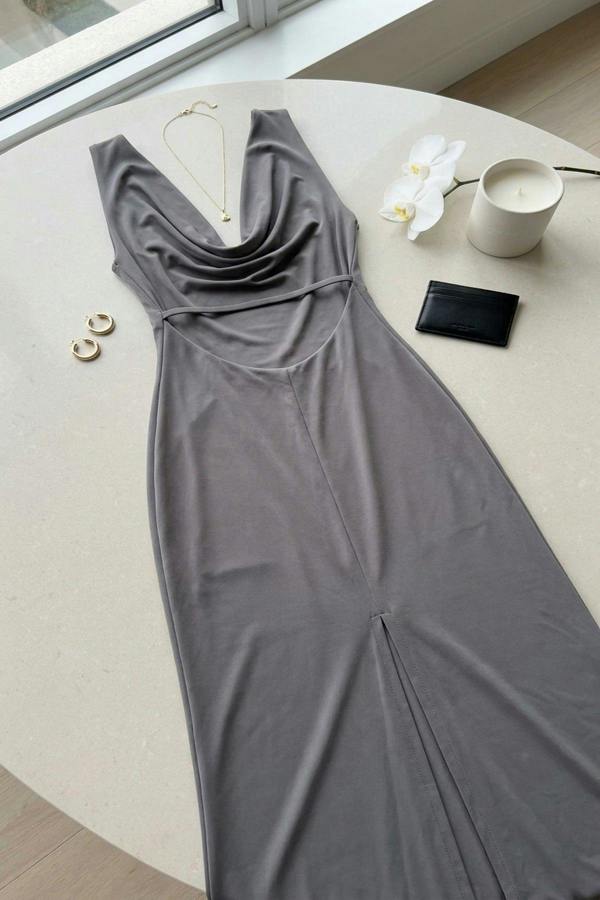 Nova Plunge Cowl Neck Backless Maxi Dress With Back Slit - Grey