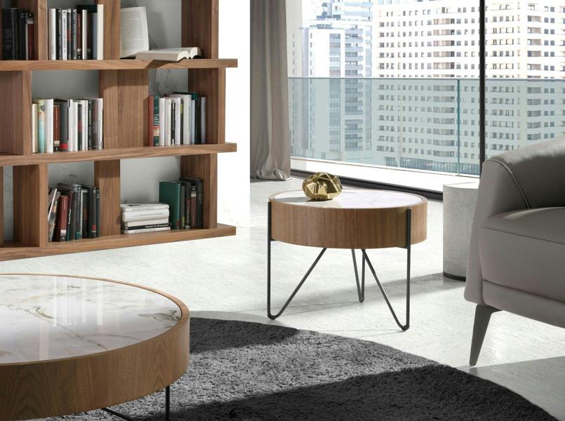 Angel Cerdá Round corner table in porcelain marble, walnut and black steel 2139
