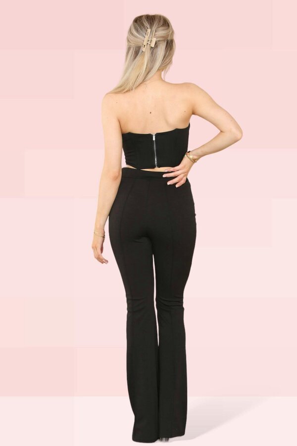 Elaina Fashion Women's Black 2 Piece Co-ord Set Off-Shoulder Strapless Corset Tube Wrap Crop Top, High Waist Bootcut Wide Leg Slim Fit Trouser.
