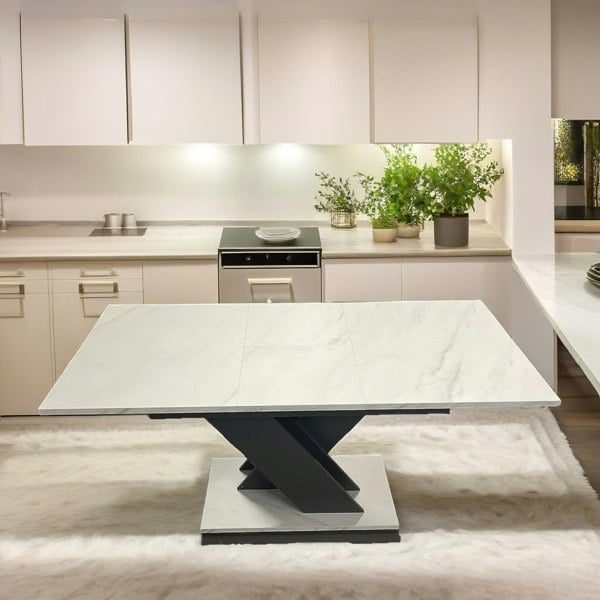 Rafaelo Mobilia Modern Extendable Faux Marble Effect Dining Table White