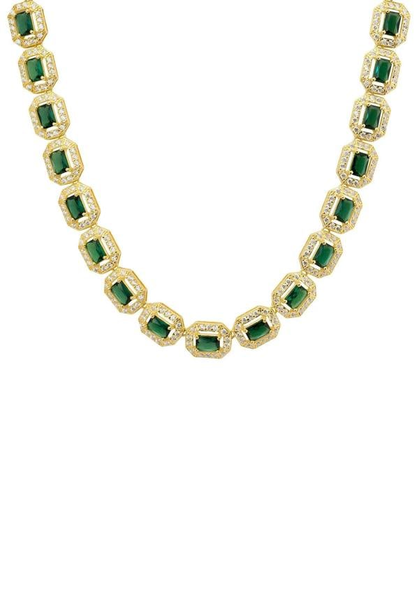 Close-up of the gold and diamond halo emeralds.
