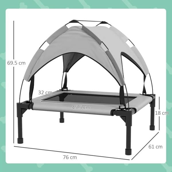 Cooling pet bed in light grey with dimensions shown on raised frame