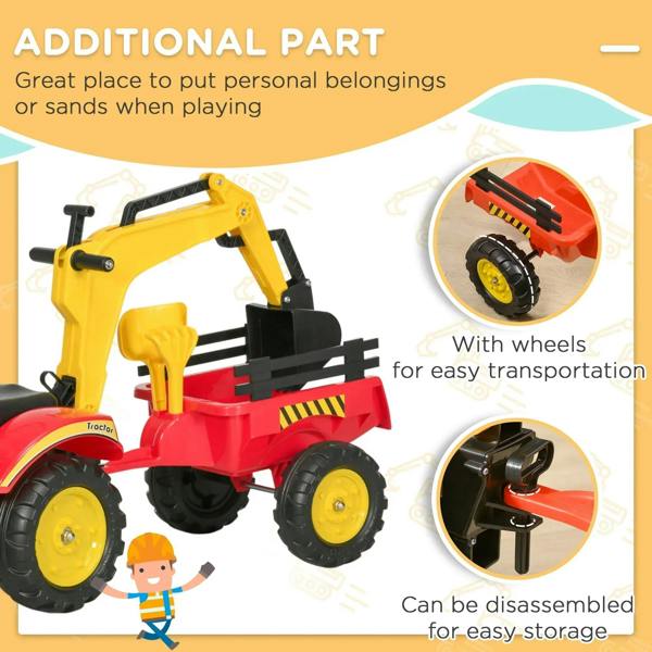 Red and yellow kids pedal excavator ride-on toy with detachable front loader bucket