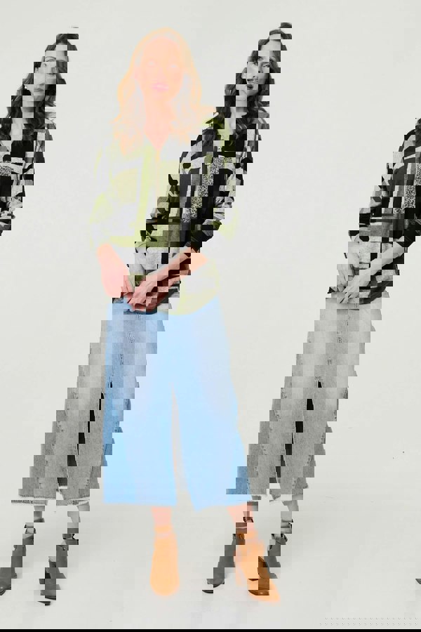 Green | Geo Print Zip V-Neck Curve Hem Top
