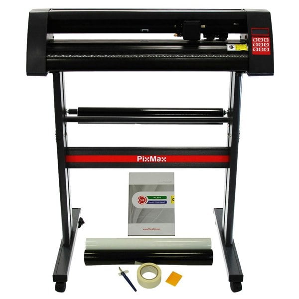 PixMax Vinyl Cutter Plotter with a sleek black and red design, includes Flexi Starter software and weeding tools for precision cutting