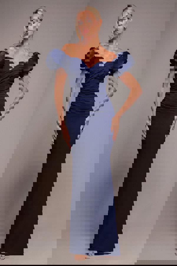 Puffy Satin  Sleeve Scuba Maxi Dress - Navy Blue DR4622