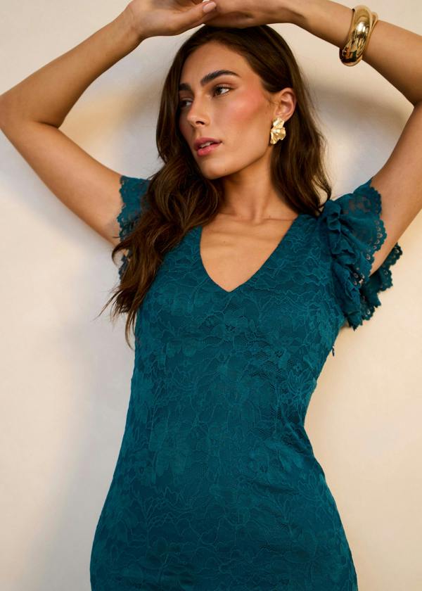 Gini London Teal Jersey Lace V Neck Ruffle Maxi Dress