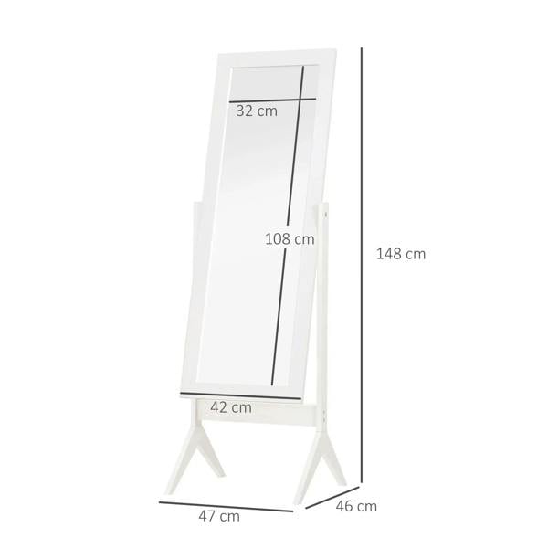 White full-length mirror on stand, shown with size measurements