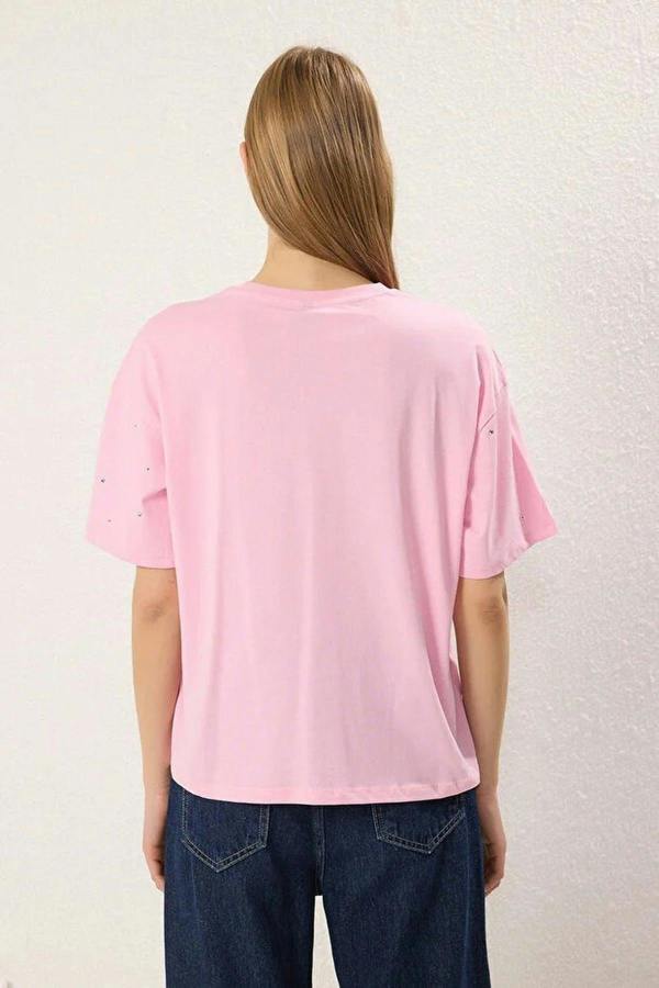 WOVCOR 100% Cotton Stone Detail Crew Neck Knitted T-Shirt
