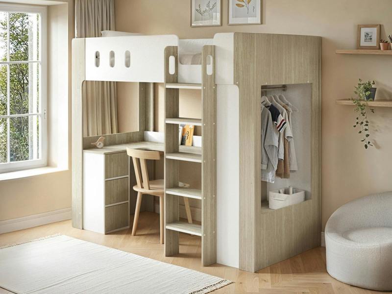 Willow High Sleeper with Desk & Storage White & Oak