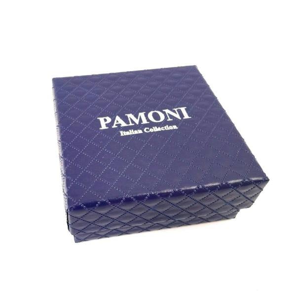 Silver cufflinks by PAMONI featuring blue gem stone crowns with intricate detailing on a polished metal surface.