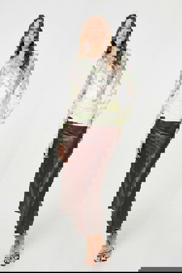 Green | Feather Print Long Sleeve Knit Top
