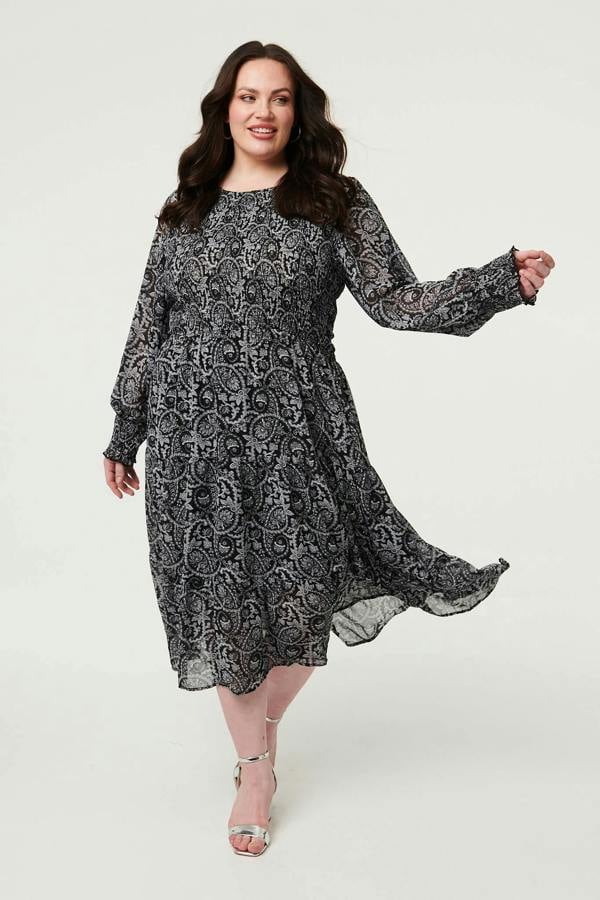 Black | Curve Paisley Long Puff Sleeve Midi Smock Dress