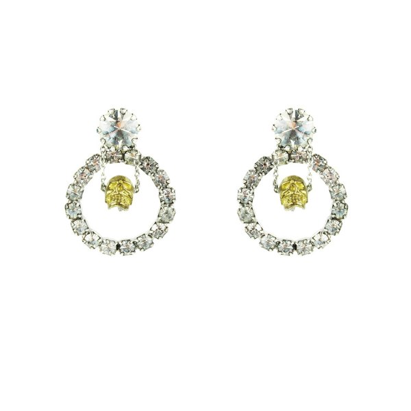 Tom Binns crystal hoop earrings with gold tone skull pendant detailing