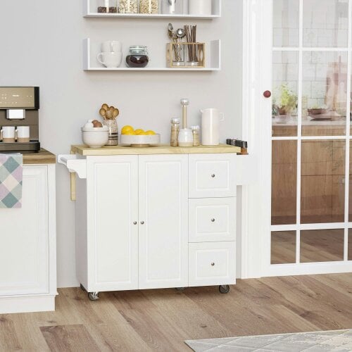 Wyld Haus Tanalo Wooden White Rolling Kitchen Island With Drop Leaf Drawers Towel And Spice Racks