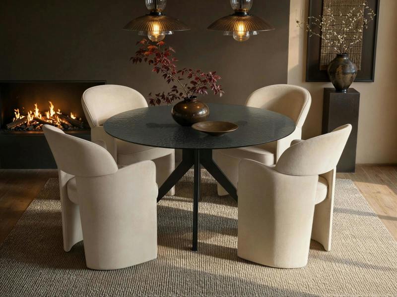 Emil Black Dining Table Round & Estella Beige Chair Set of 4