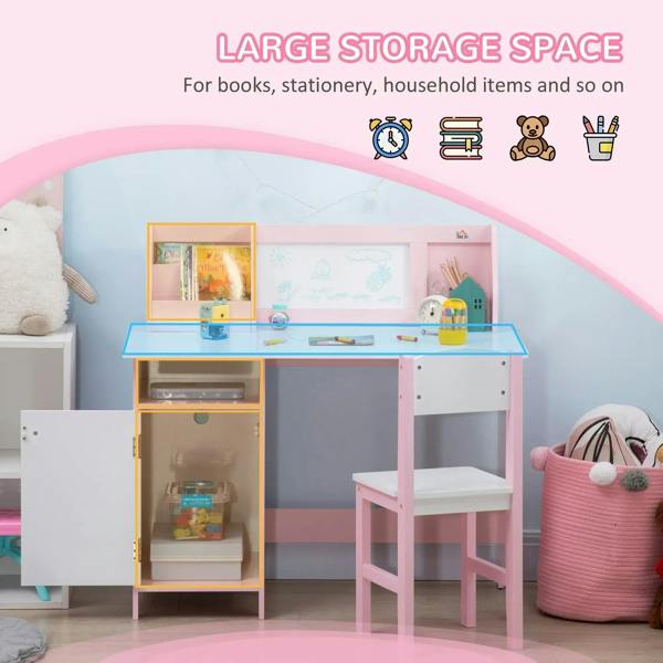 Kids desk and chair set with pink storage base, whiteboard panel and chair