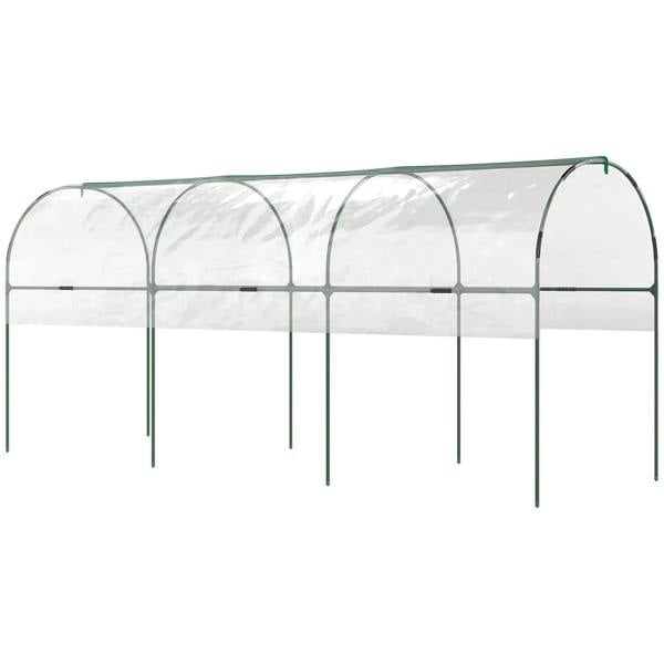 Green metal tomato tunnel greenhouse with clear arched cover and four hoops