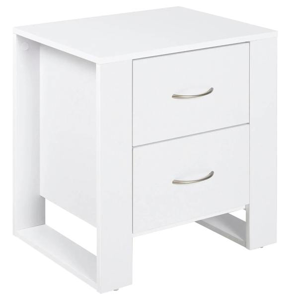 White bedside table with two drawers and curved metal handles, elevated base