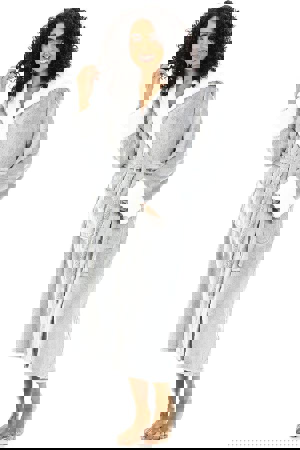 Camille Womens Light Grey Deep Pile Full Length Fleece Bathrobe with Sherpa Lined Hood & Cuffs