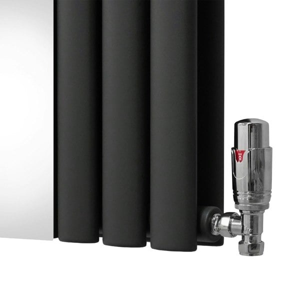 Anthracite grey oval mirror radiator with sleek, smooth surface and chrome valve, measuring 1800mm x 500mm, ideal for modern spaces