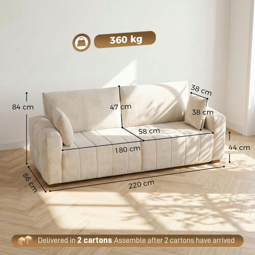HOMCOM 3 Seater Sofa, Upholstered Velvet Couch with Pillows