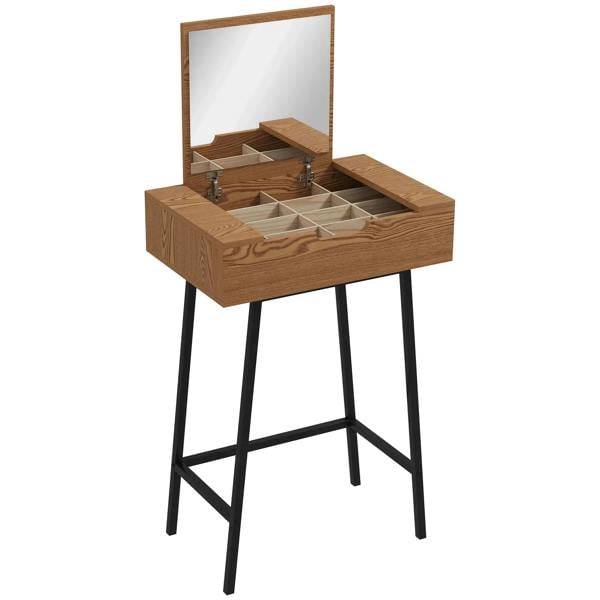 Industrial vanity desk with flip-up mirror, natural wood finish and open storage compartments