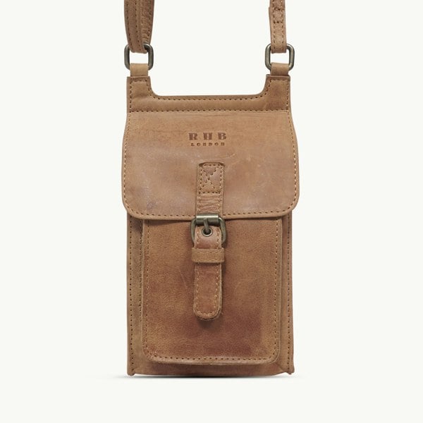 Real Hide Bags 'MYLA' Tan Distressed Real Leather Mobile Phone Crossbody Bag