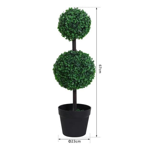 Artificial boxwood ball topiary tree with green spheres on trunk, in black pot