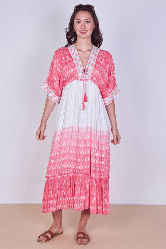 Boho Embroidered Maxi Dress with Tassel Tie – One Size (UK 8–14)