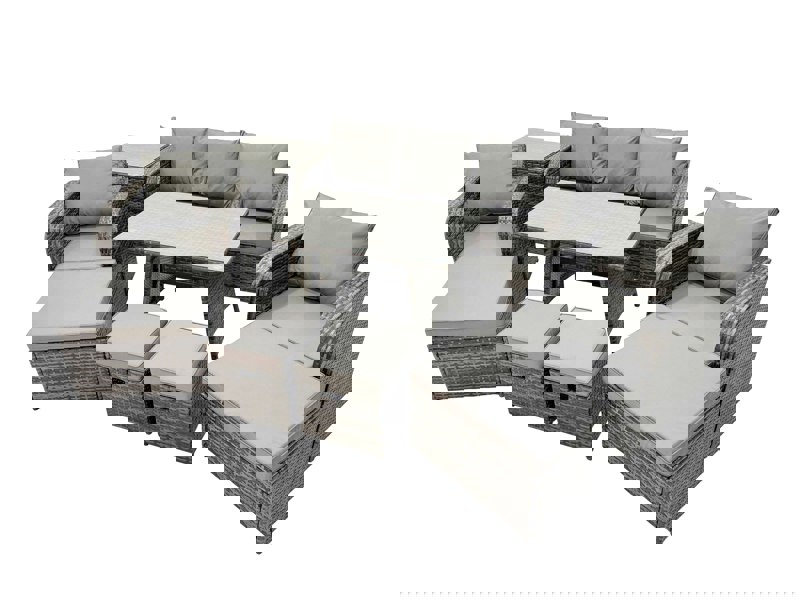 Fimous Garden Rattan Outdoor Furniture Set 9 Seater with 3 Seater Sofa Side Table 2 Big Stool 2 Small Stools Dark Grey