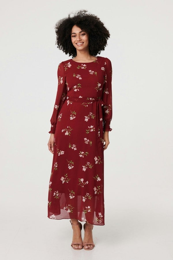Red | Floral Sheer Layer Tie Waist Maxi Dress
