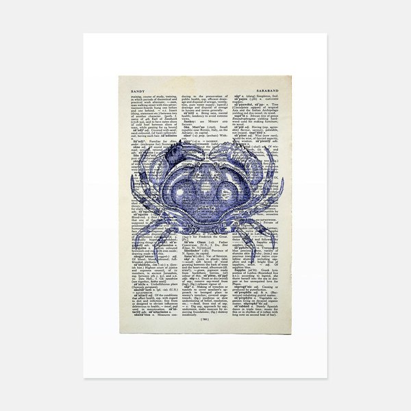 Hands & Hearts Crab vintage book page art print