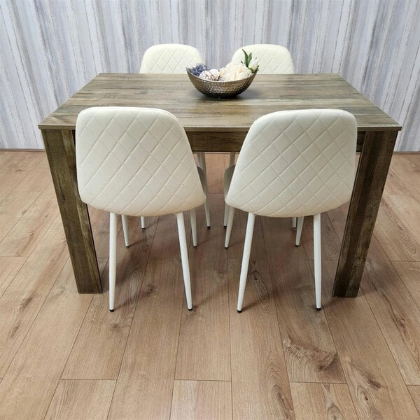 Kosy Koala Wooden Dining Table with 4 Cream Gem Patterned Chairs Rusteic Effect Table with Cream Chairs