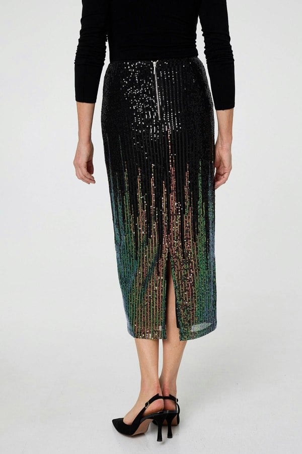 Black | Sequin Embellished Pencil Midi Skirt
