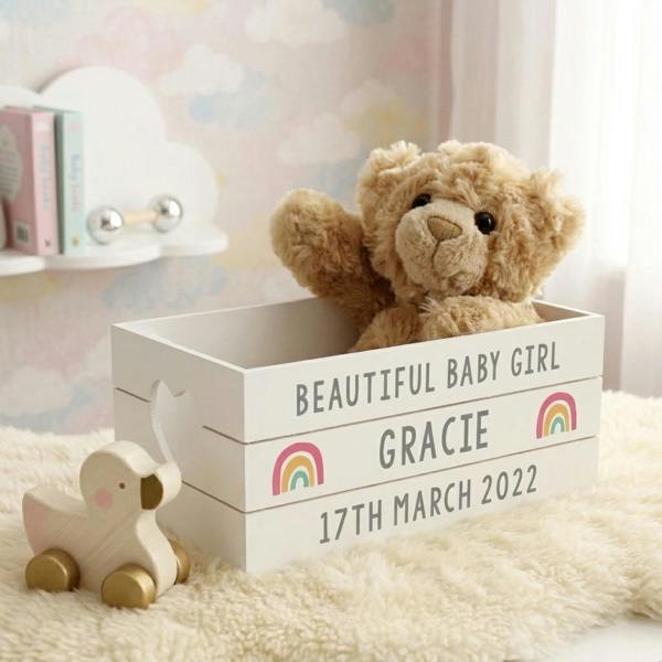 Personalised white wooden baby keepsake crate with rainbow details, holding a fluffy teddy bear in a pastel nursery.