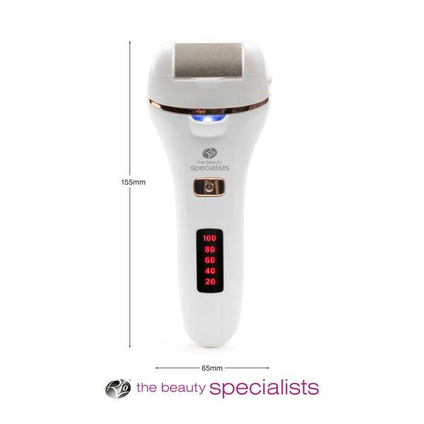 Go smooth 60 second pedi hard skin remover with arrows labelling the height 155m and width 65mm