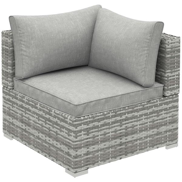 Light grey outdoor rattan corner sofa chair with square seat cushion and two back cushions.