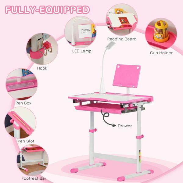 Pink kids study desk set with drawer, reading board, and lamp plus cup holder