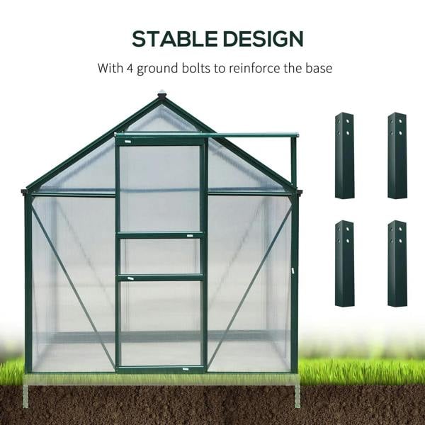 Dark green greenhouse with transparent panels and four corner ground bolt supports