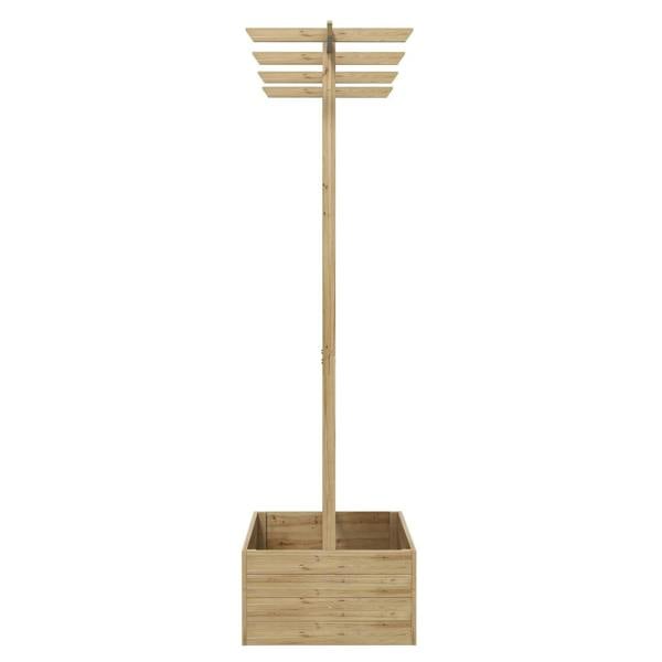 Wooden raised planter box with vertical trellis post