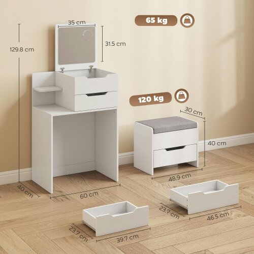 HOMCOM Vanity Desk Hidden Mirror Rolling Stool, White Wood Effect