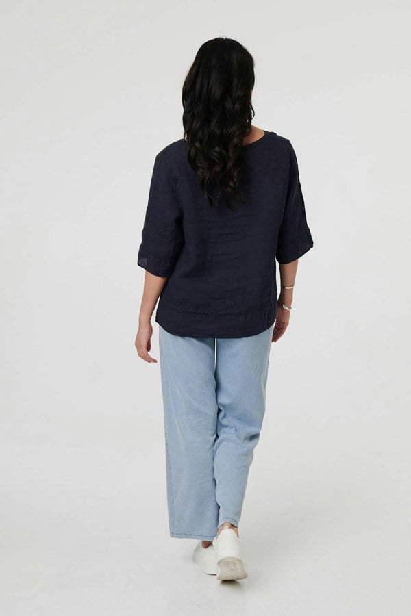 Navy | Button Detail 3/4 Sleeve Relaxed Blouse

