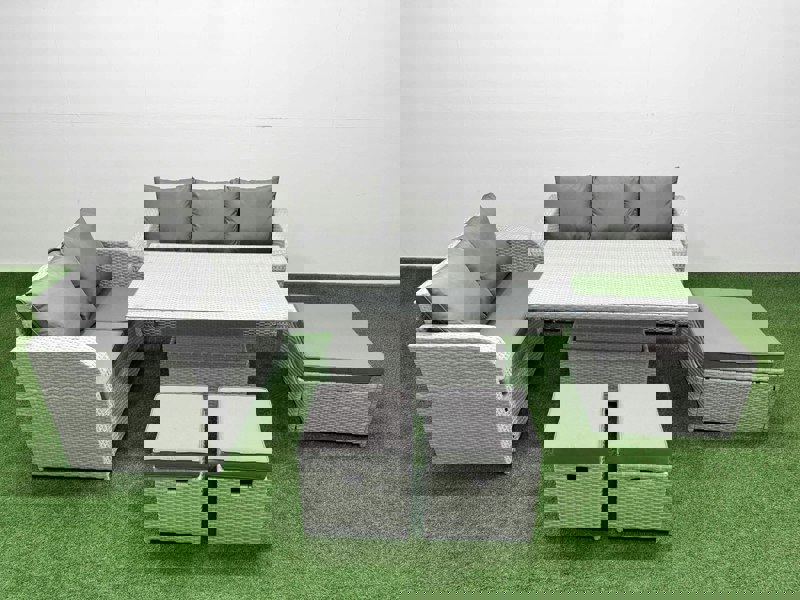 Fimous 8 Seater PE Wicker Rattan Conservatory Sofa Set - Adjustable Lifting Dining/Coffee Table, 3-Seater Sofa & 3 Stools