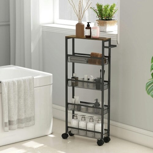 Wyld Haus Raelno Metal Black 5 Tier Slim Storage Trolley With Wood Effect Top And Handle