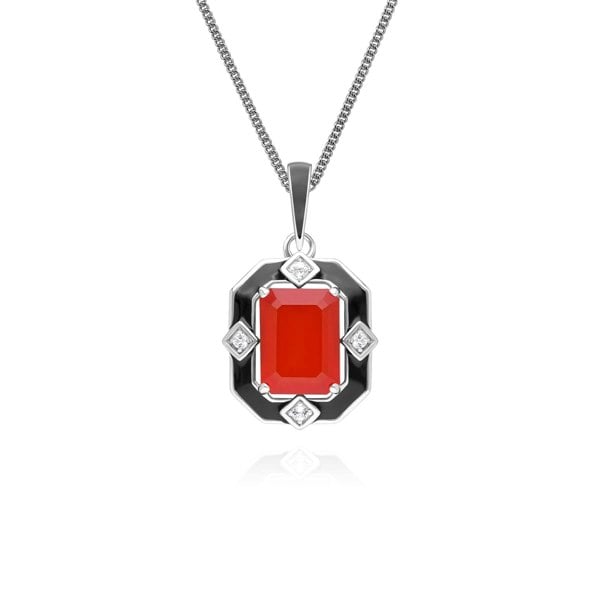 Gemondo Grand Deco Black Enamel, Carnelian & Topaz Pendant Necklace in Sterling Silver