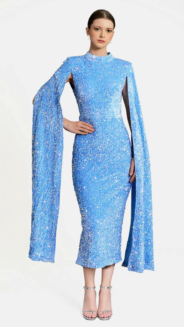 LuvForever Meraki - Sky Blue Cape Sleeve Sequin Midi Dress